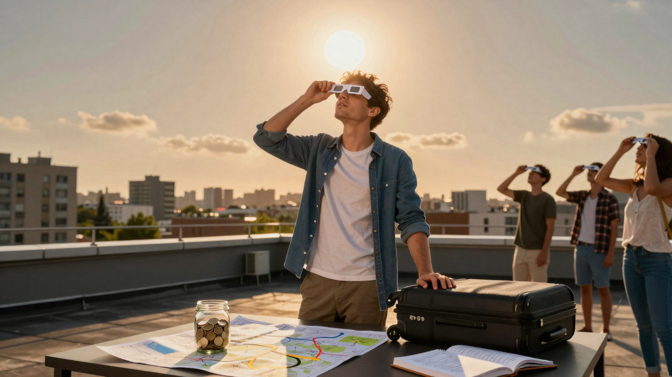 Grupo de pessoas em terraço observando o sol com óculos de proteção durante eclipse solar.