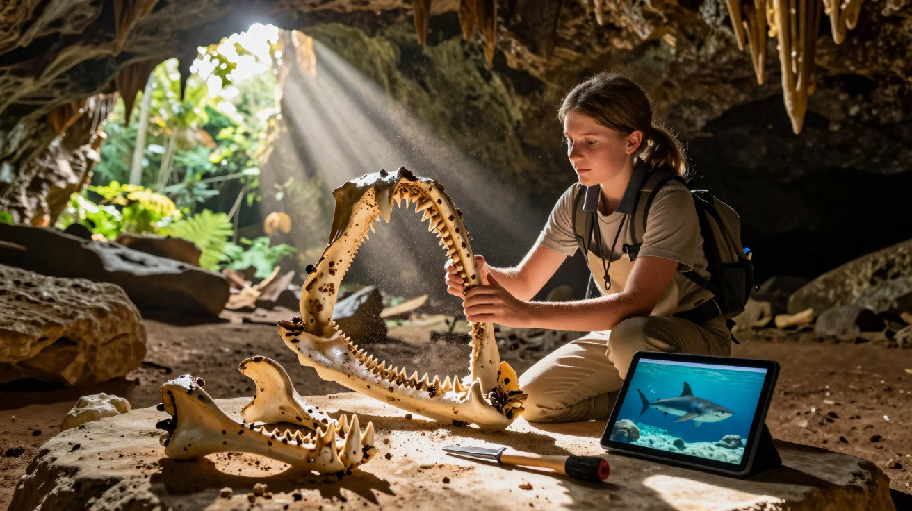 Menina examina mandíbula de tubarão em caverna, com tablet mostrando imagem de tubarão e luz natural entrando.