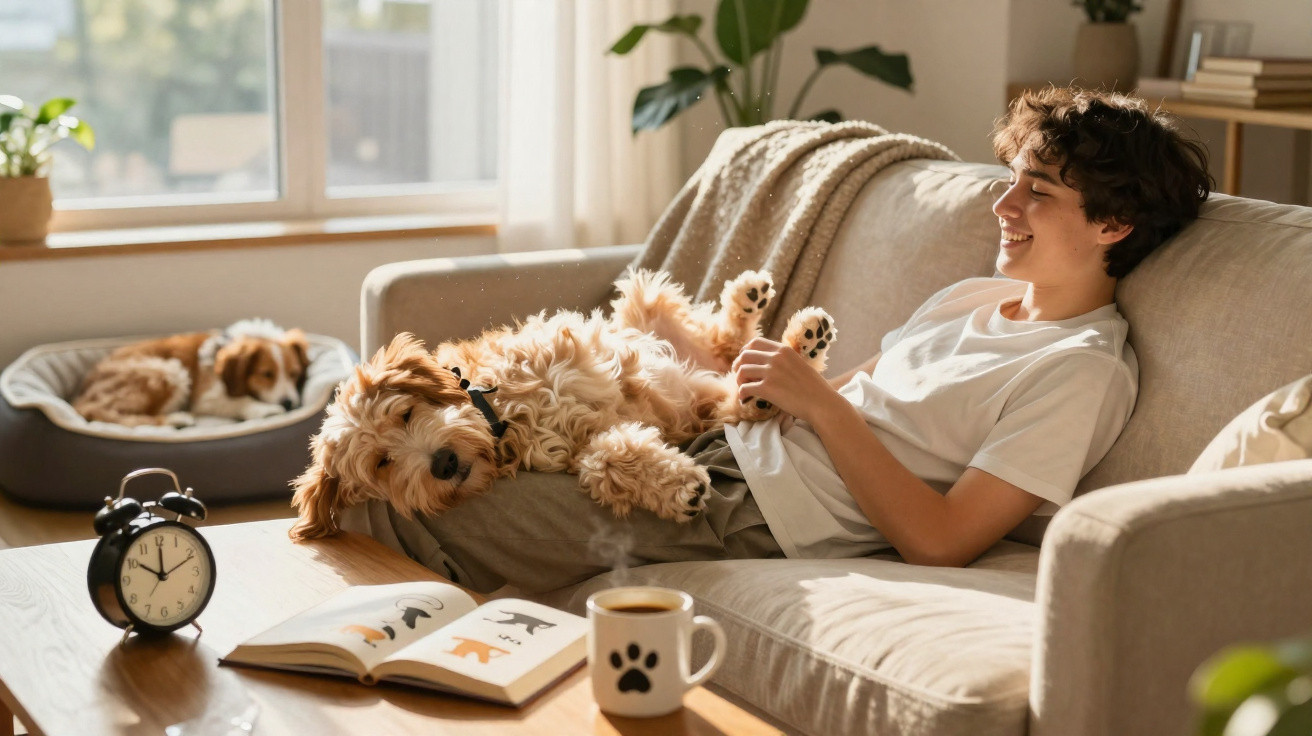 Jovem sorrindo no sofá com cachorro deitado em suas pernas, ao lado de livro, relógio e xícara com pata.