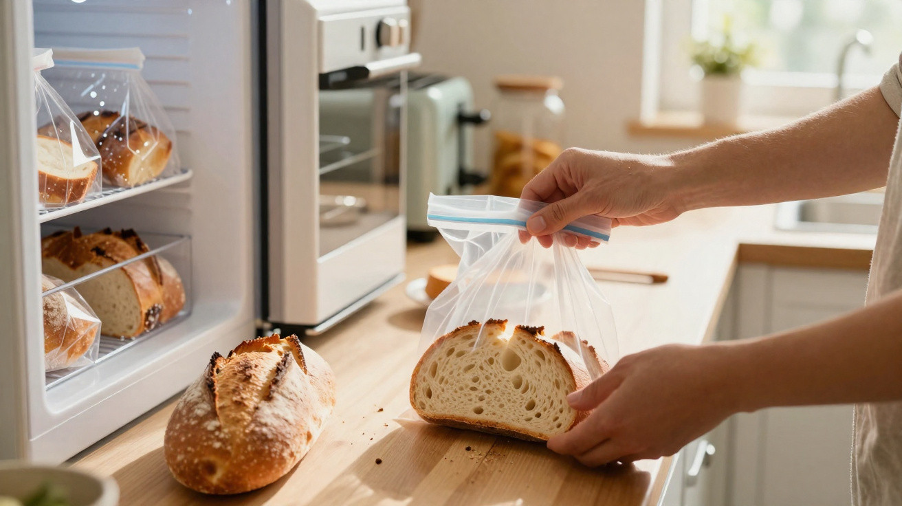 Mãos guardando fatia de pão em saco plástico na cozinha com pão fresco sobre bancada de madeira.