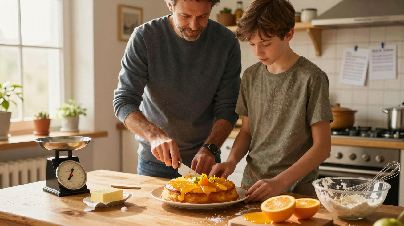 Pai e filho cortando um bolo com cobertura de frutas amarelas na cozinha iluminada pela luz natural.