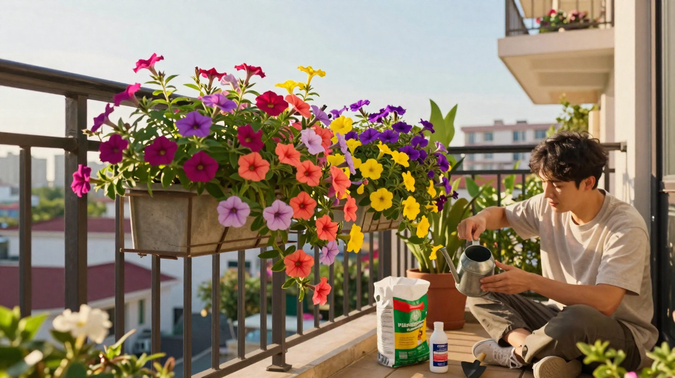 Jovem regando flores coloridas em vasos numa varanda de apartamento ensolarada.
