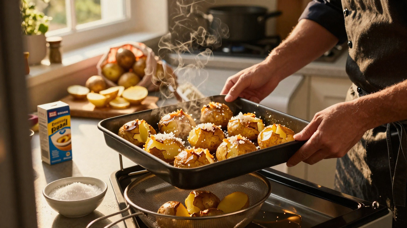 Pessoa retirando assadeira com batatas assadas e sal grosso da cozinha ensolarada.