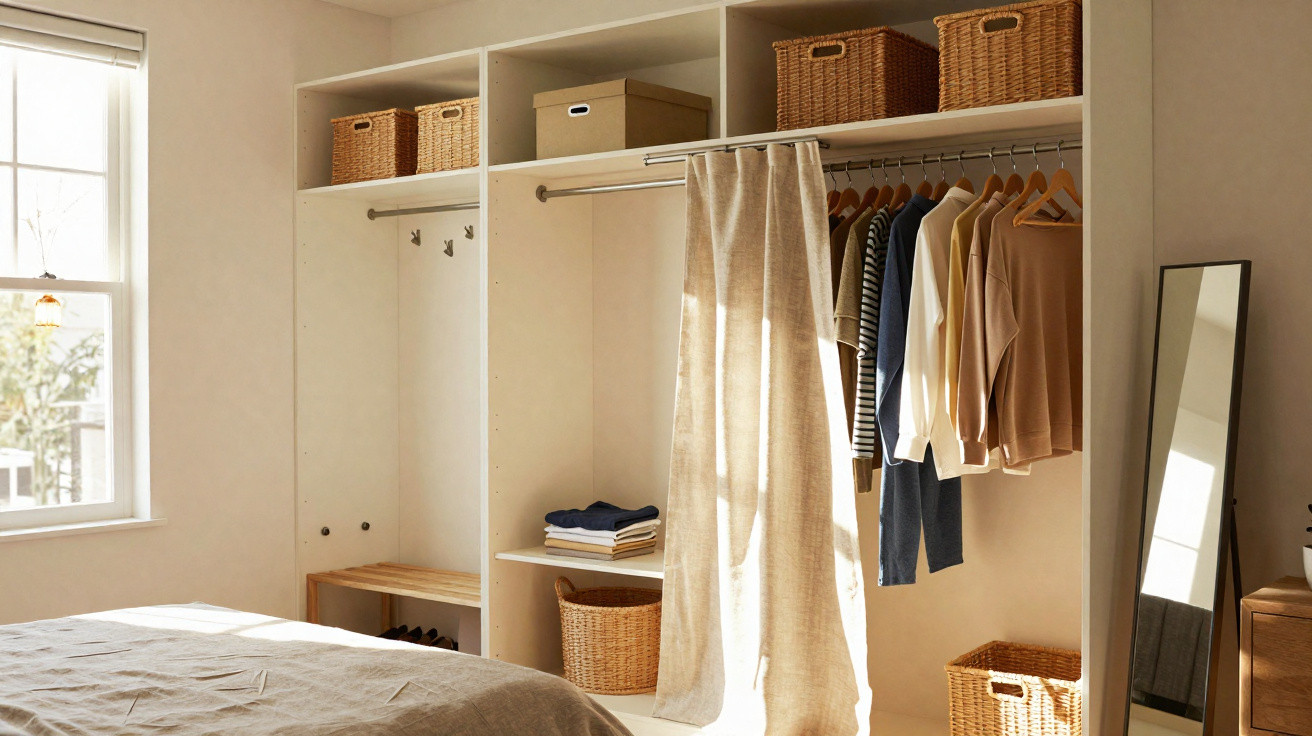 Quarto com armário aberto, roupas penduradas, cestos de vime e luz natural entrando pela janela.