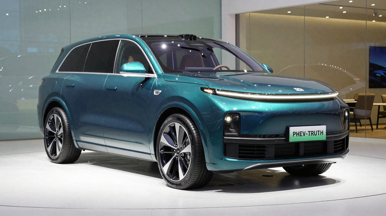 Carro SUV elétrico verde metálico modelo PHEV-TRUTH exposto em salão moderno com iluminação branca.