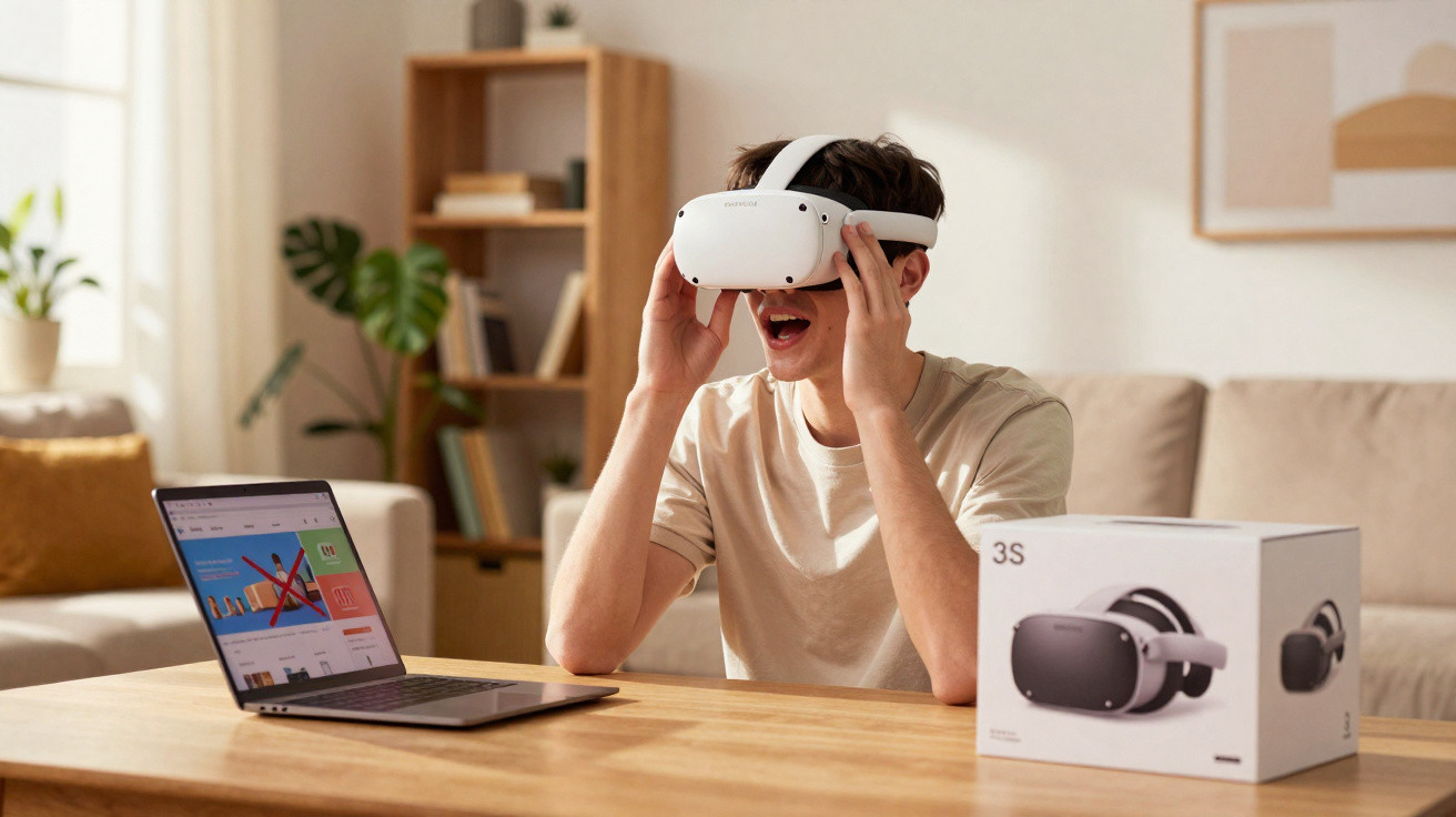 Jovem em sala de estar usando óculos de realidade virtual, com laptop e caixa do dispositivo na mesa.