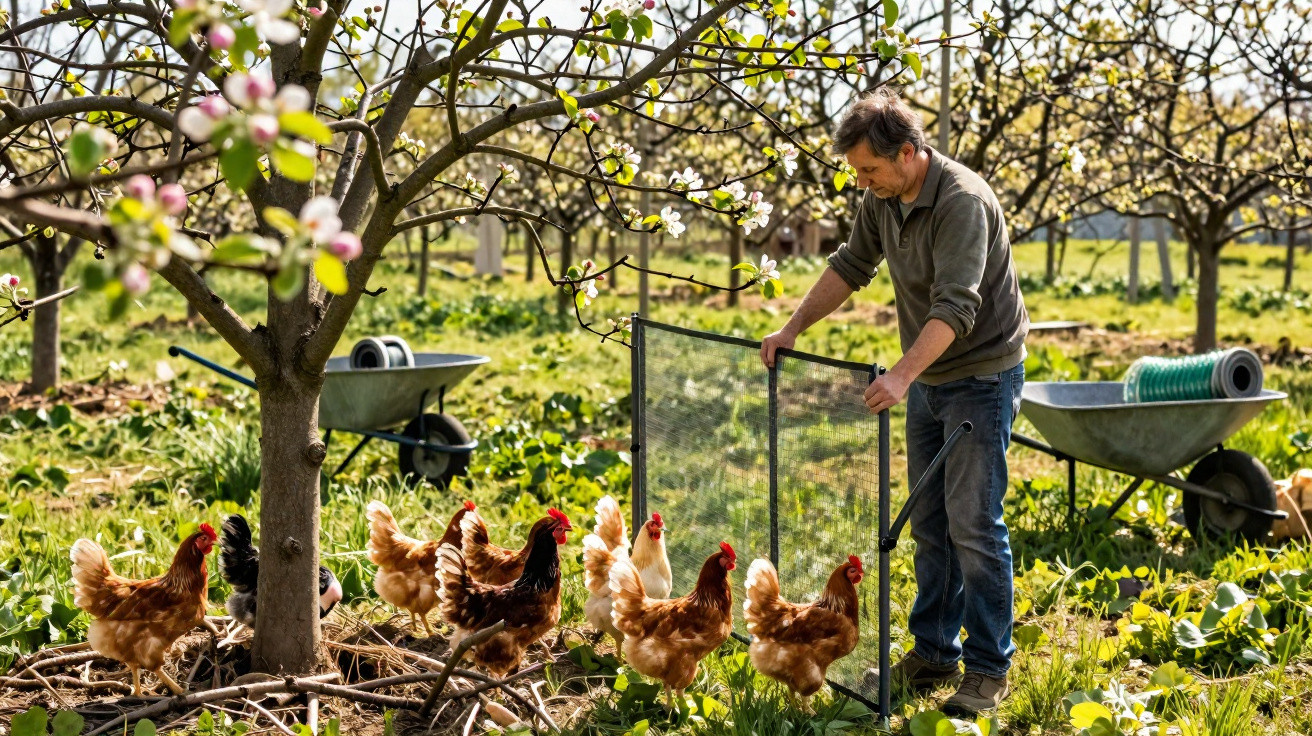 Homem abrindo portão em pomar para galinhas que caminham entre árvores floridas e vegetação.