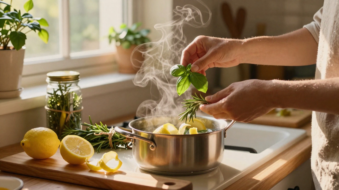 Mãos adicionando ervas frescas em panela com vapor na cozinha iluminada por luz natural.