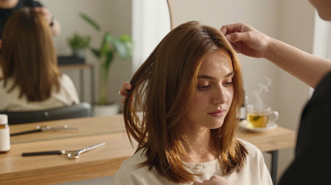 Mulher com cabelo ruivo sendo penteada em salão de beleza com espelho e chá ao fundo.