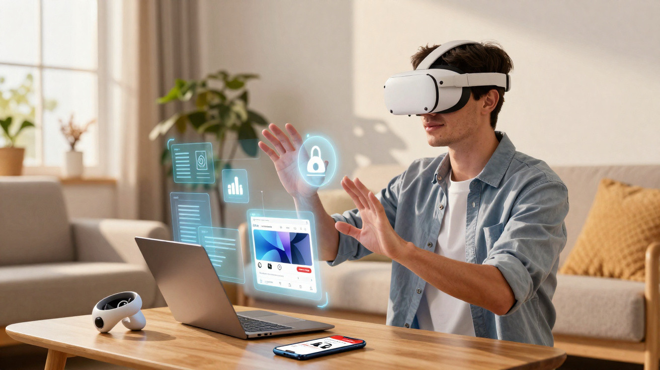 Homem usando óculos de realidade virtual interagindo com hologramas de segurança e dados digitais.