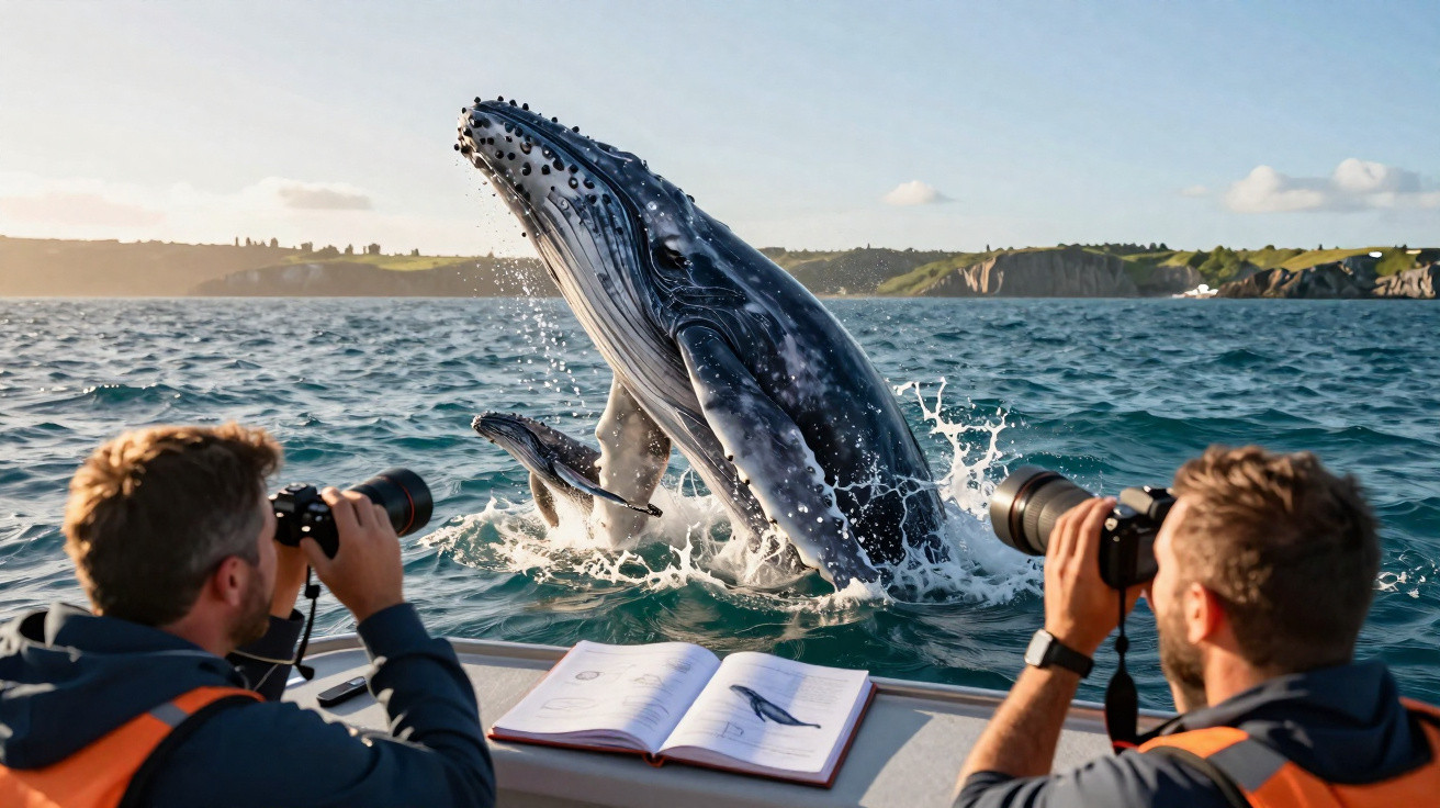 Baleia-jubarte saltando perto de barco com dois fotógrafos e livro de identificação aberto no convés.