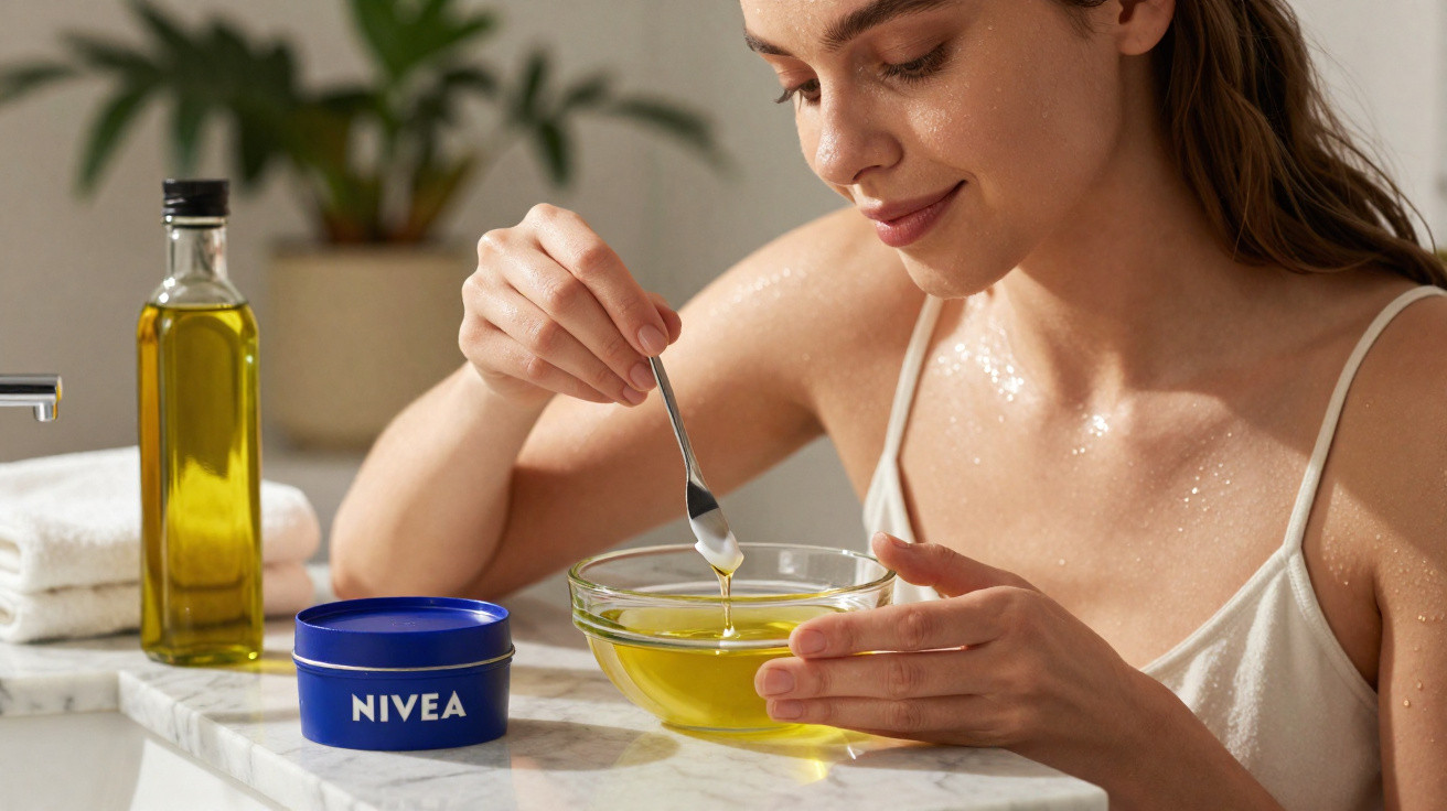 Mulher aplicando óleo corporal com colher, perto de pote azul de Nivea sobre bancada de mármore.