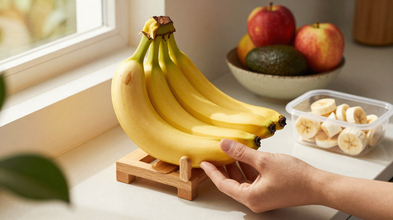 Mão segurando cacho de bananas amarelas em suporte de madeira na cozinha com frutas ao fundo.