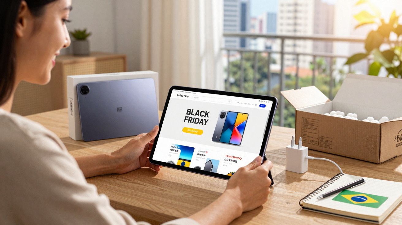 Pessoa segurando tablet com promoções de Black Friday em mesa com caixa aberta, carregador e caderno com bandeira do Brasil.