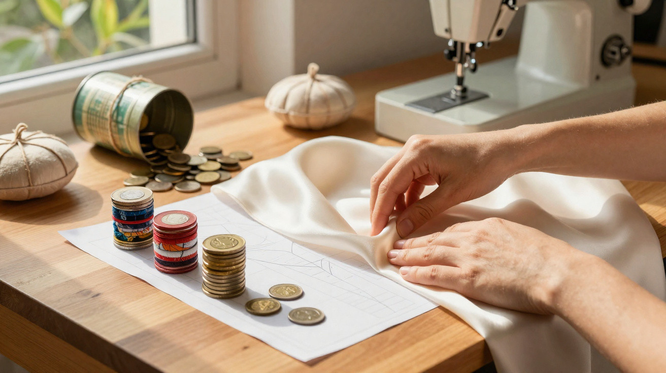 Mãos ajustando tecido branco sobre mesa com máquina de costura, moedas e botões organizados.