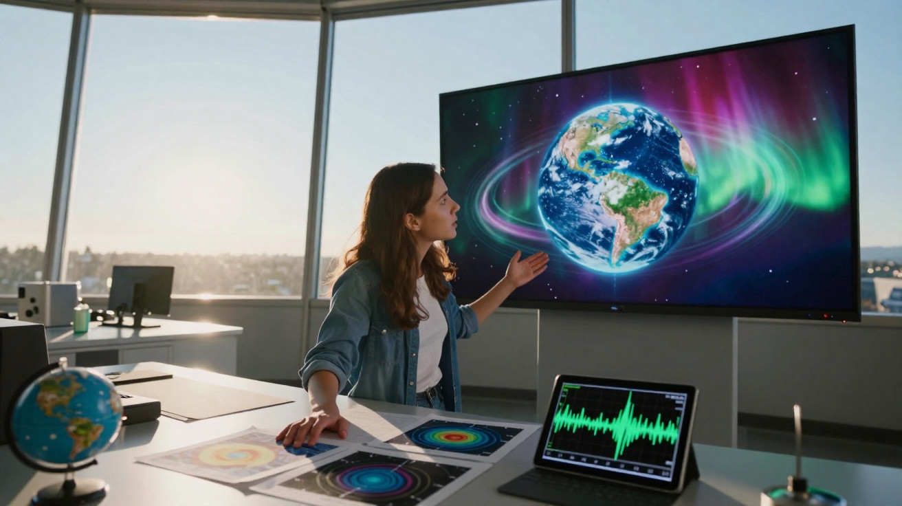 Mulher em escritório apresentando imagem da Terra em tela com gráficos científicos na mesa.