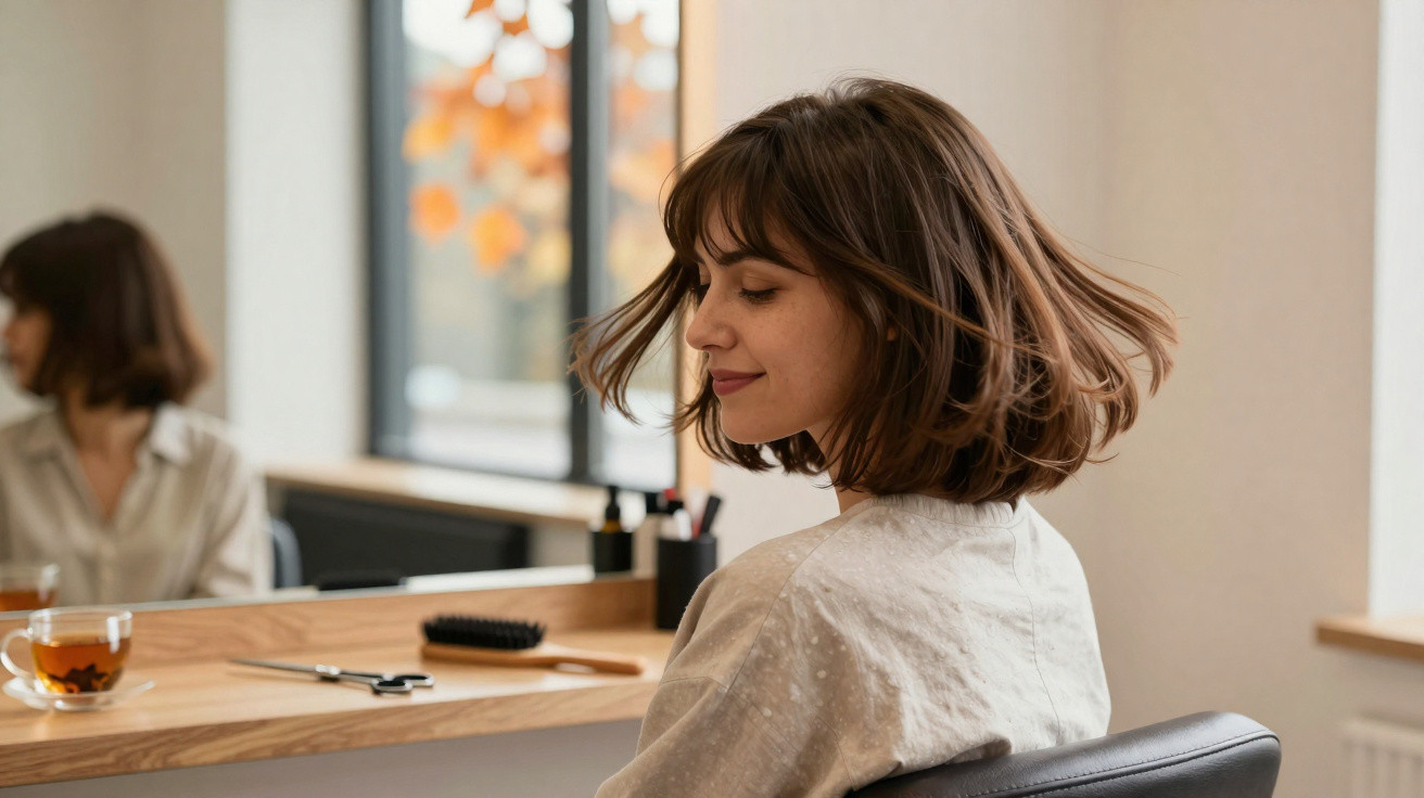 Mulher sorrindo com cabelo curto balançando sentada em cadeira, com espelho e mesa de madeira ao fundo.