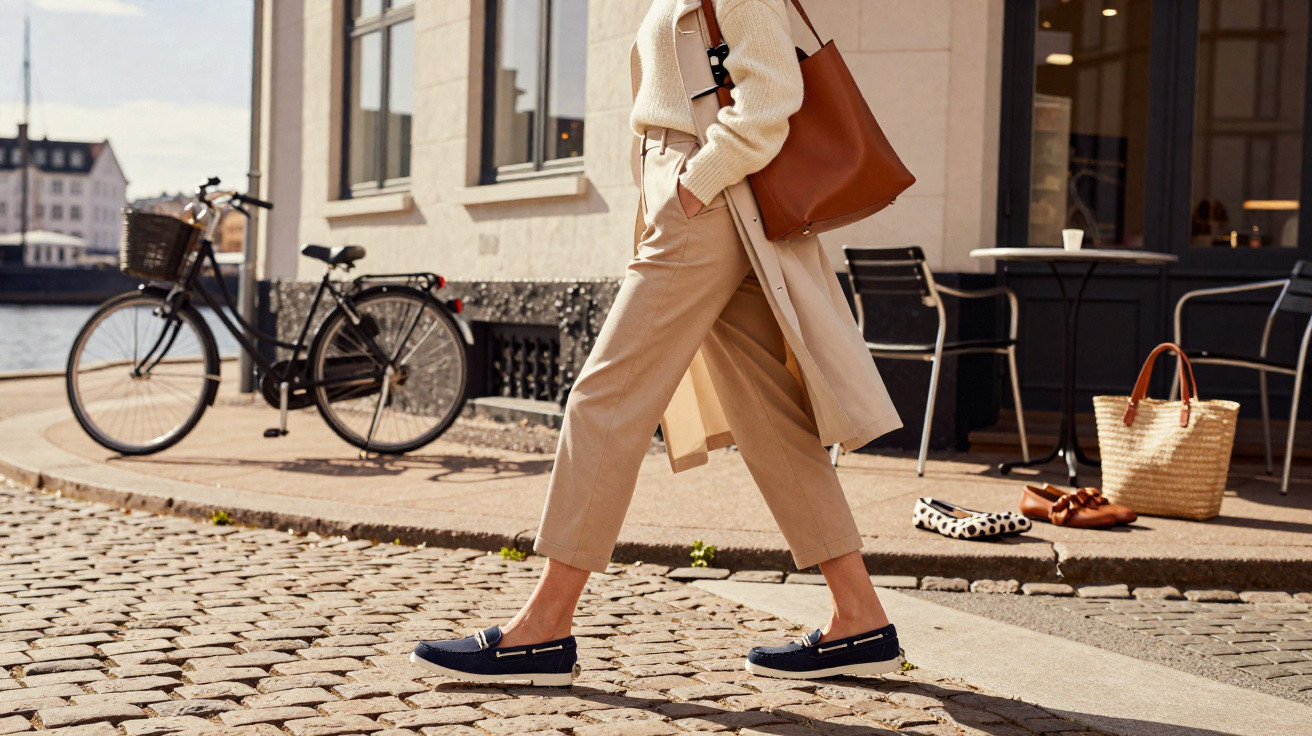 Pessoa caminhando em calçada de pedra com bolsa marrom, usando calça bege e sapato mocassim azul.