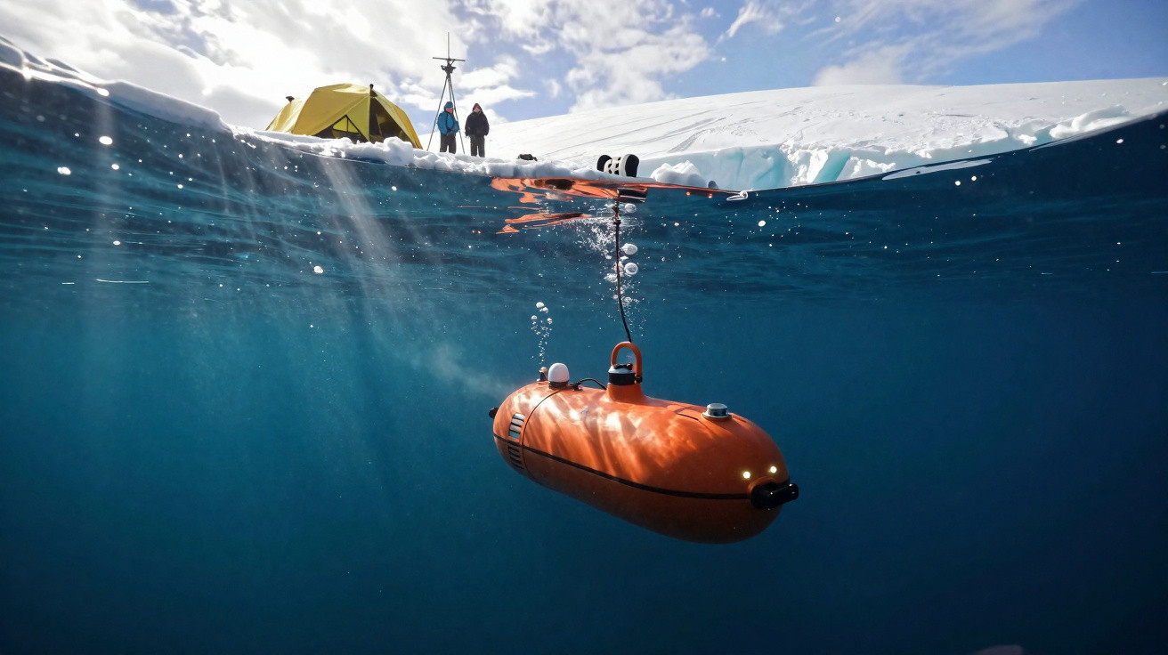 Veículo submarino autônomo sendo lançado em água gelada próxima a uma tenda amarela em ambiente polar.