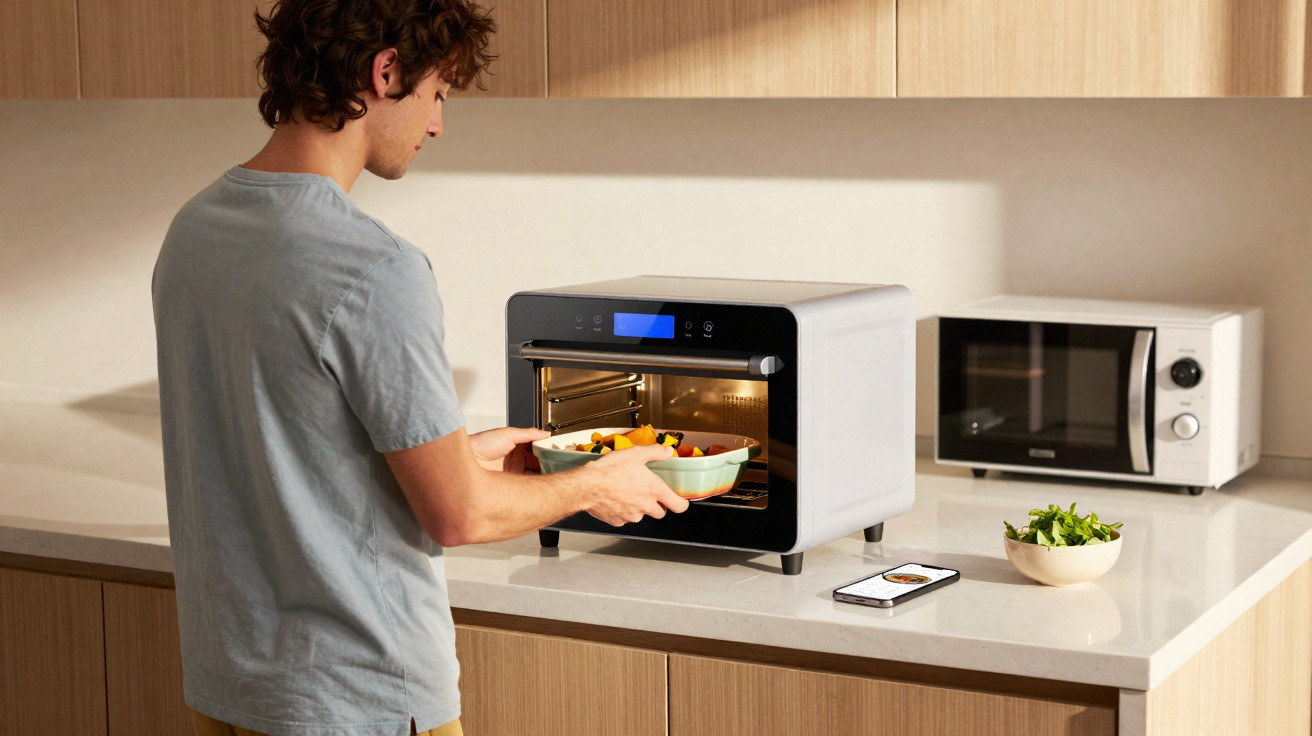 Jovem coloca travessa com alimentos em forno elétrico digital na bancada da cozinha moderna.