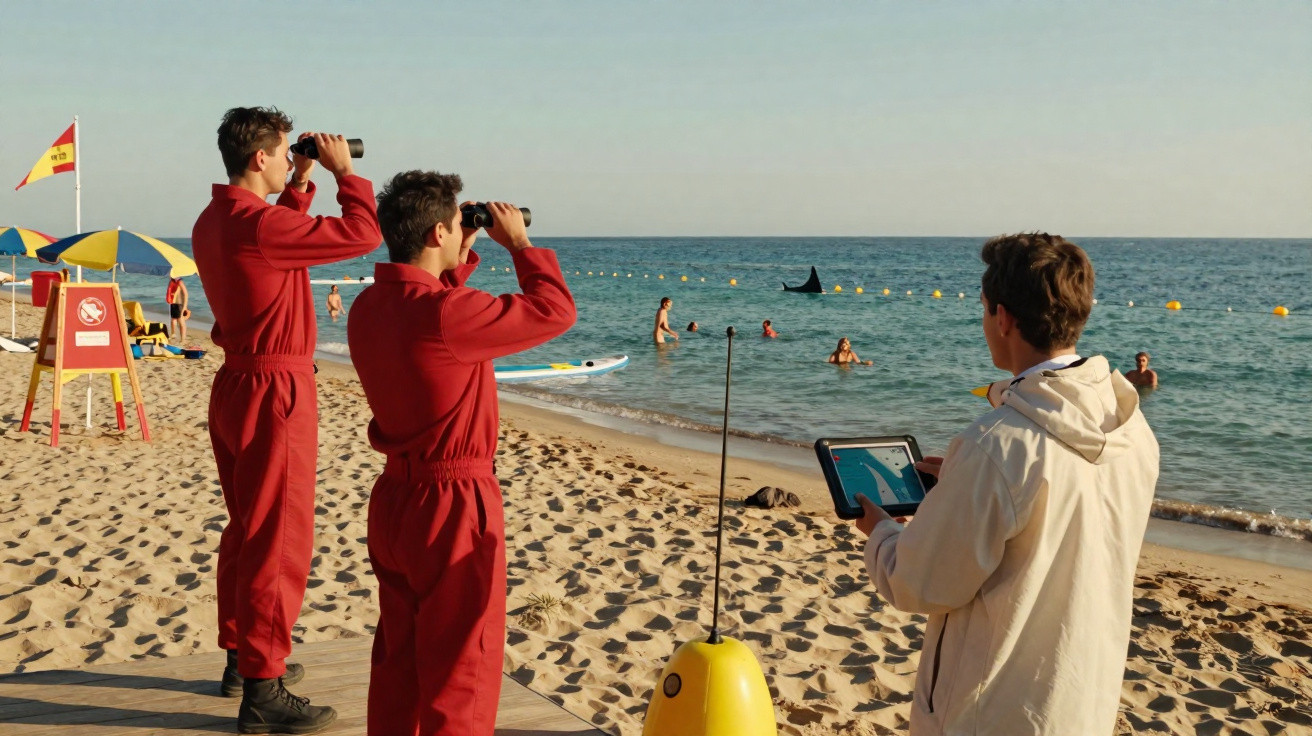 Dois salva-vidas com binóculos e homem com tablet monitoram praia e mar onde banhistas nadam perto de bóias.