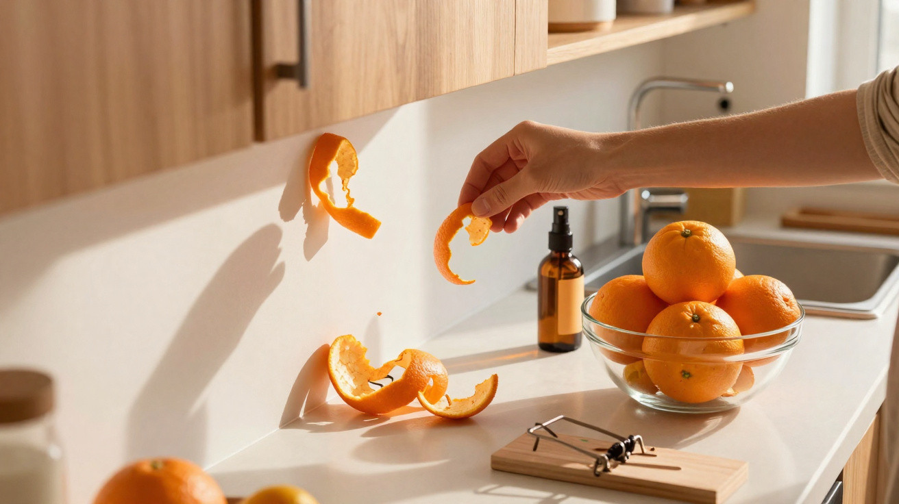 Mão segurando casca de laranja sobre bancada com laranjas e armário de madeira clara ao fundo.