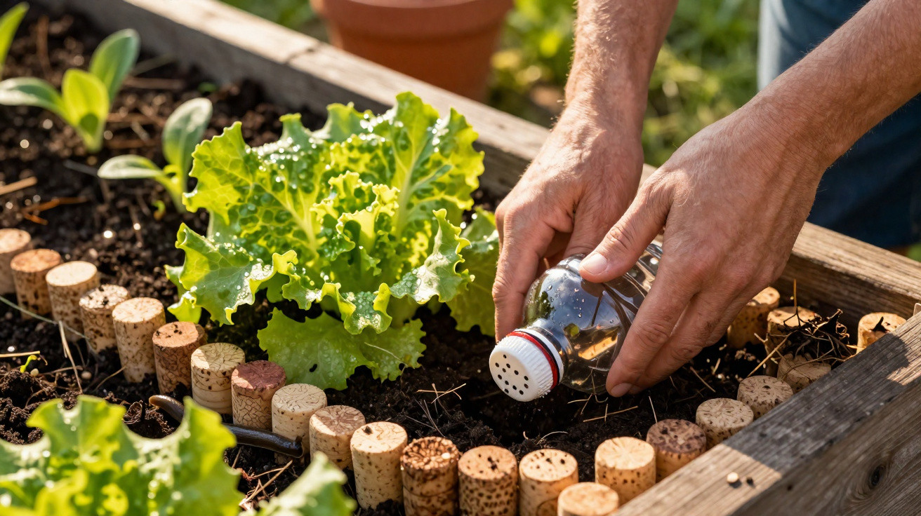 Pessoa aplicando fertilizante em planta de alface em canteiro com borda de rolhas de cortiça.