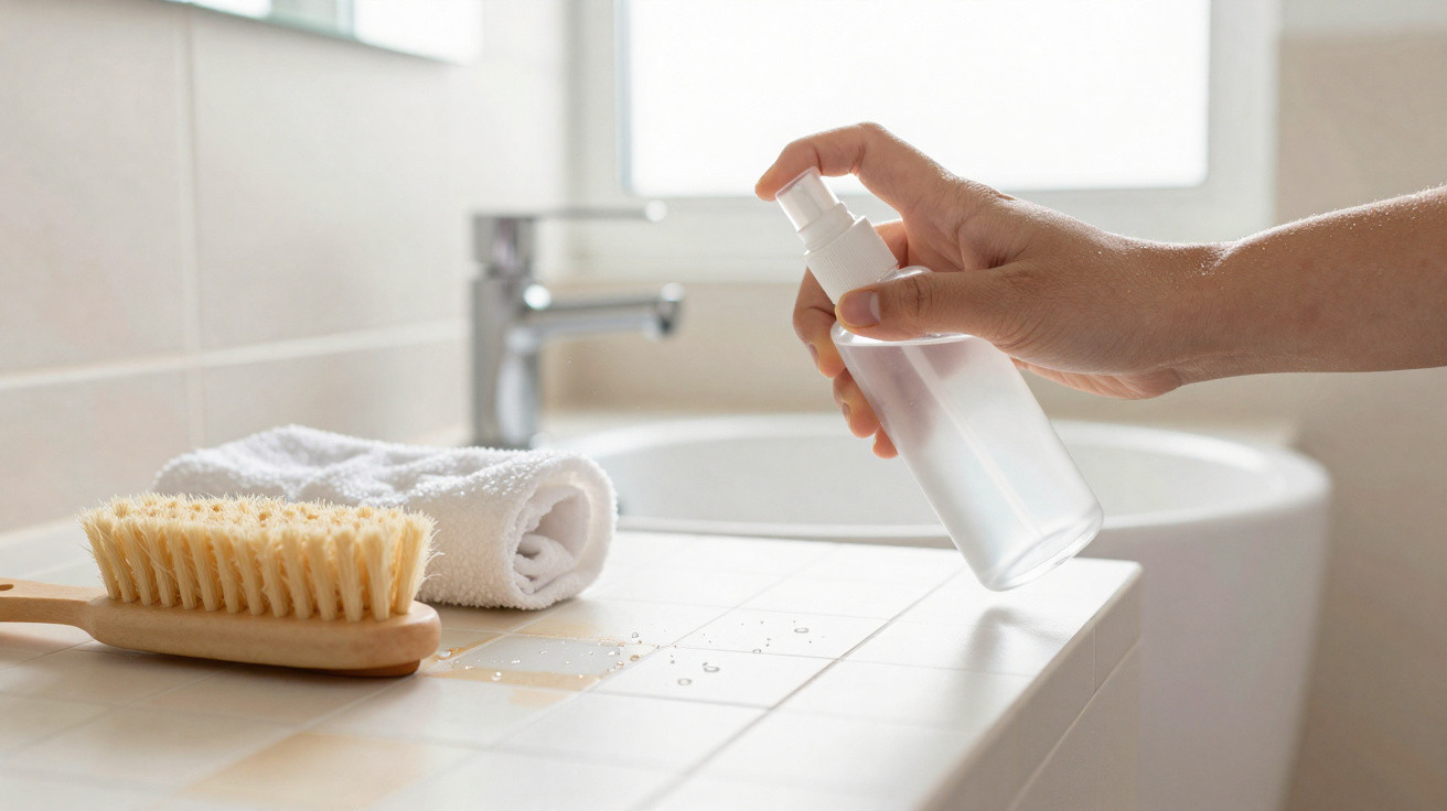 Mão segurando frasco de spray transparente próximo a escova de cerdas e toalha branca em bancada de banheiro.