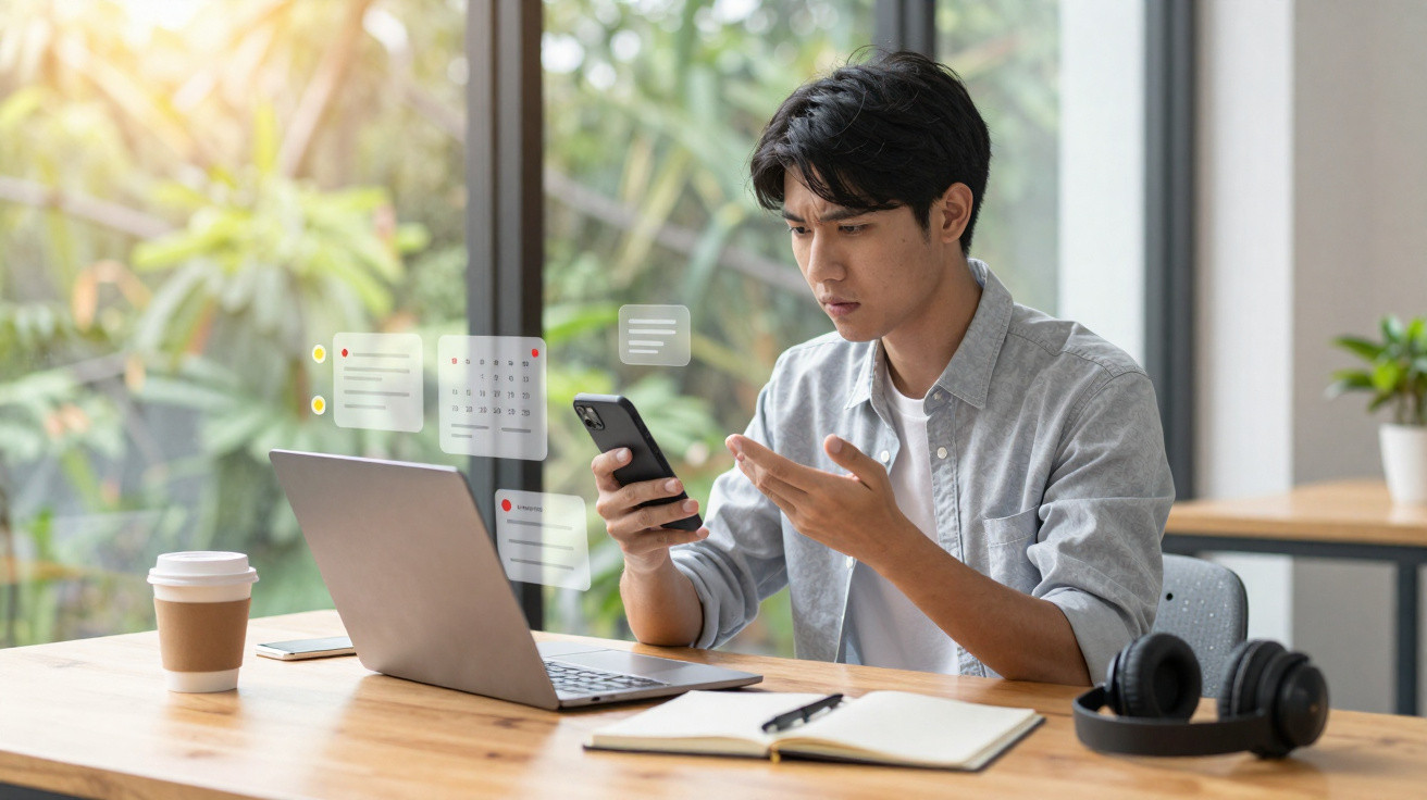 Jovem concentrado olhando para celular com laptop, café e fones de ouvido em mesa de trabalho.