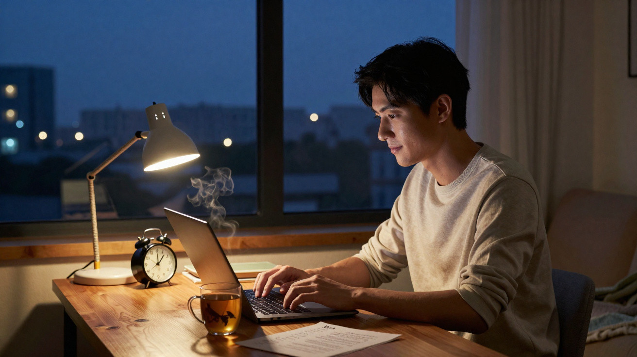 Homem trabalhando no computador à noite com xícara de chá quente e luminária acesa na mesa.