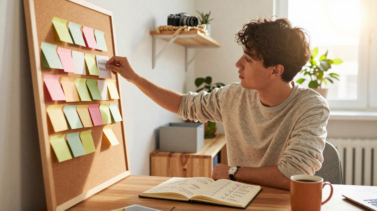 Jovem organizando notas coloridas em quadro de avisos enquanto estuda em mesa com caderno aberto.