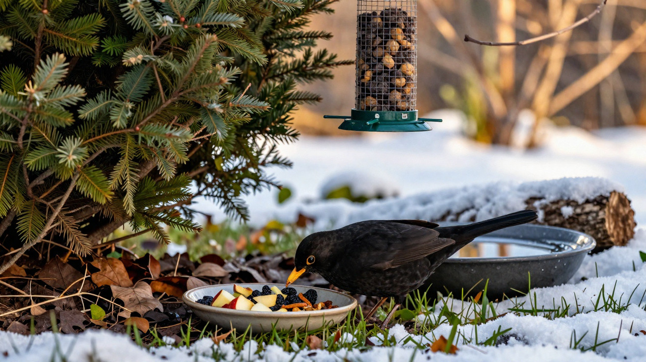 Pássaro preto com bico amarelo comendo frutas em prato no chão com neve, ao lado de árvore e comedouro.