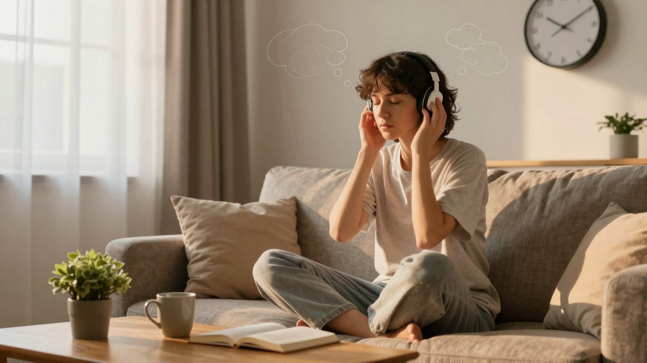 Jovem ouvindo música com fones de ouvido, sentada de pernas cruzadas no sofá iluminado pela luz do sol.