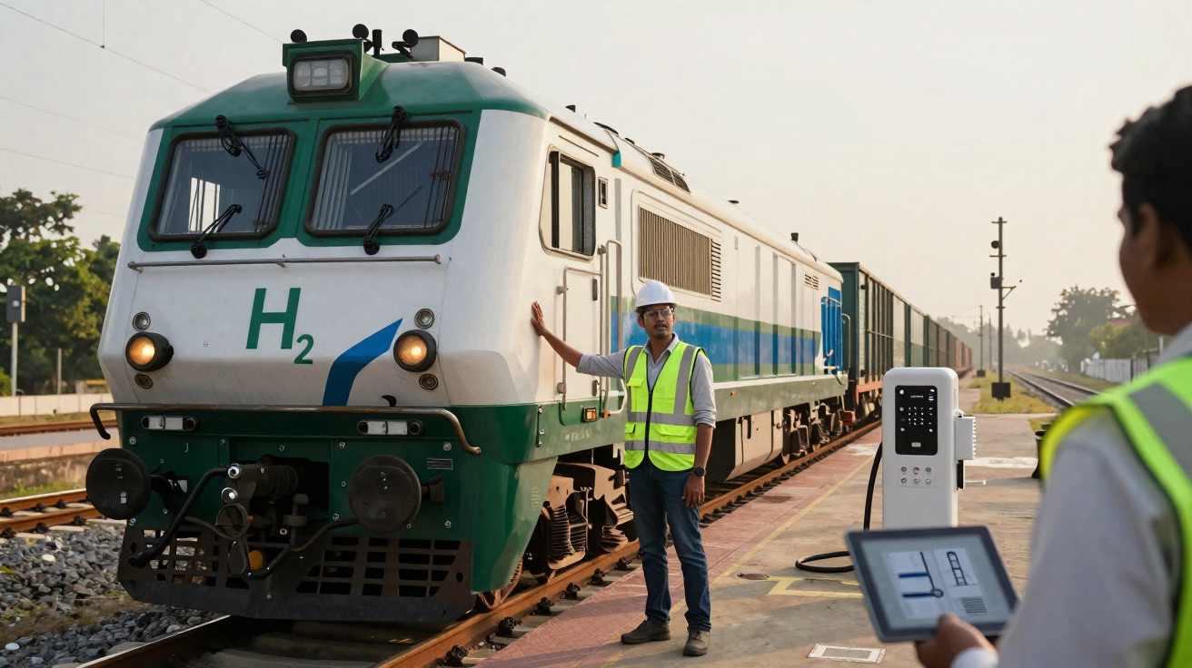 Trem movido a hidrogênio em estação com dois trabalhadores usando coletes de segurança e capacetes.
