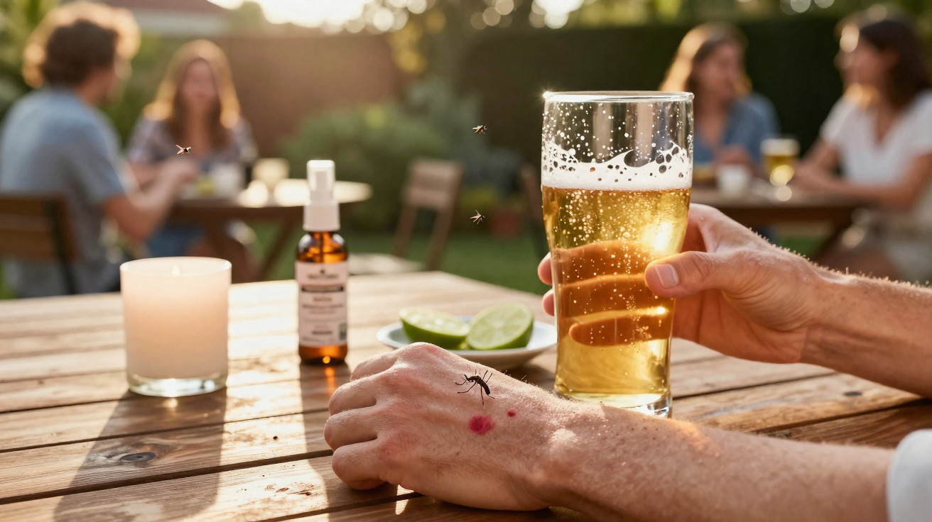 Mão com picada de mosquito segurando copo de cerveja, spray repelente e pessoas ao fundo em jardim.