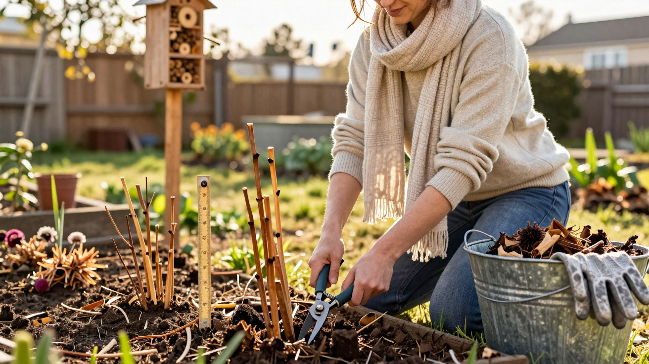 Mulher cuidando de jardim, podando plantas em canteiro com tesoura, ao ar livre no dia ensolarado.