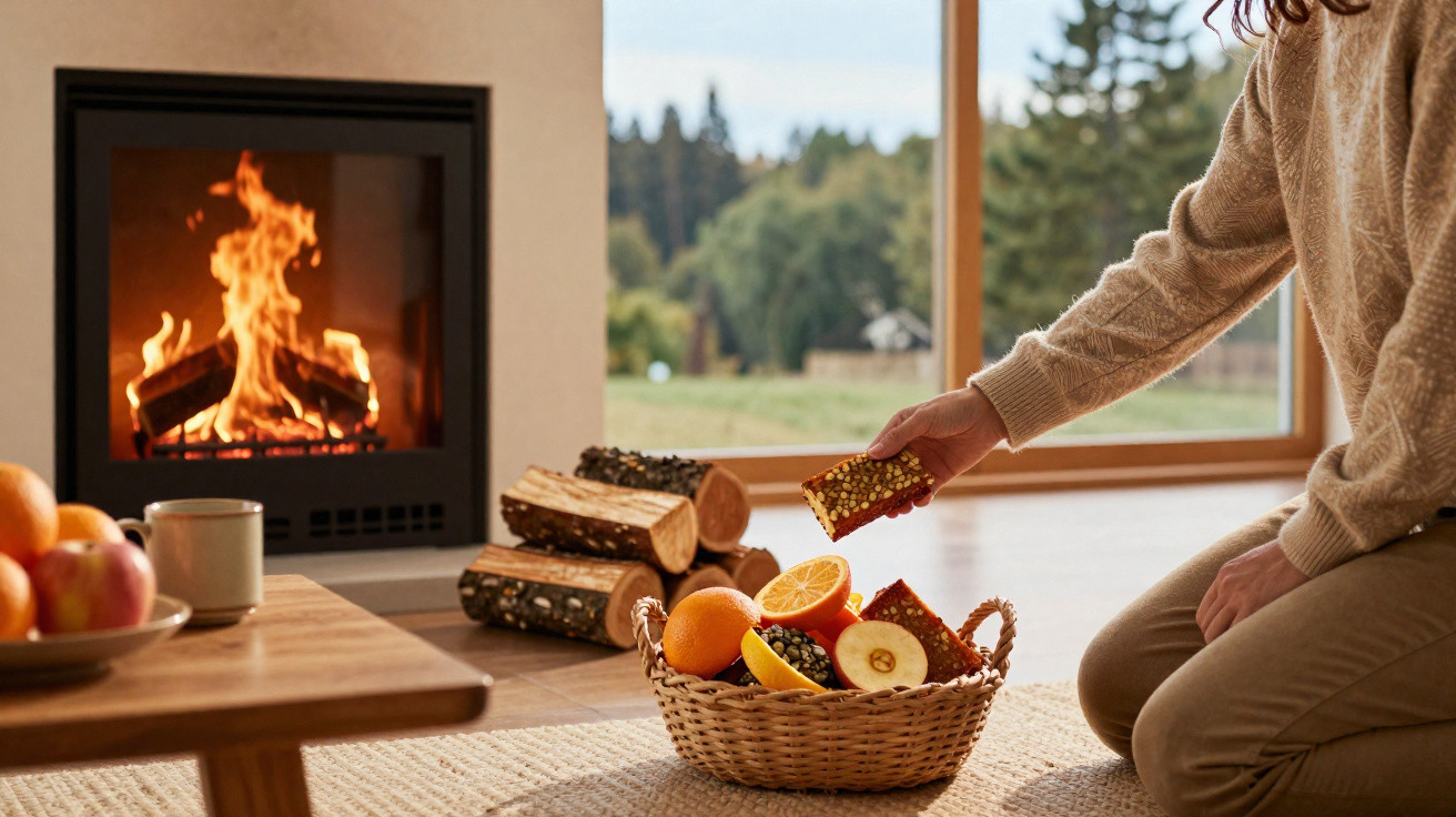 Pessoa em casa colocando barra de cereal em cesta com frutas perto de lareira acesa em ambiente aconchegante.