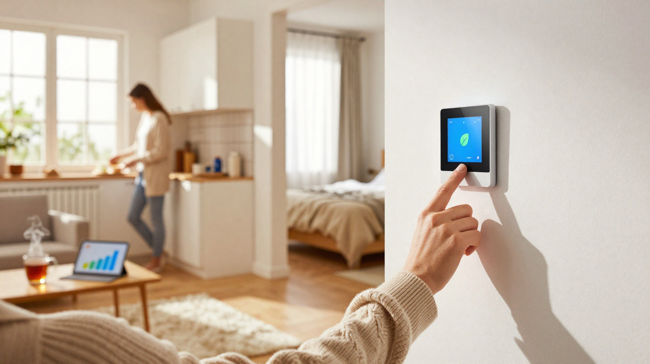 Pessoa ajustando termostato digital em parede com mulher e ambiente doméstico ao fundo.