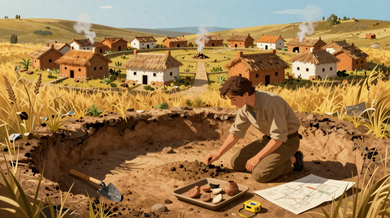 Jovem escavando e analisando artefatos em sítio arqueológico perto de vila rural com casas de palha.