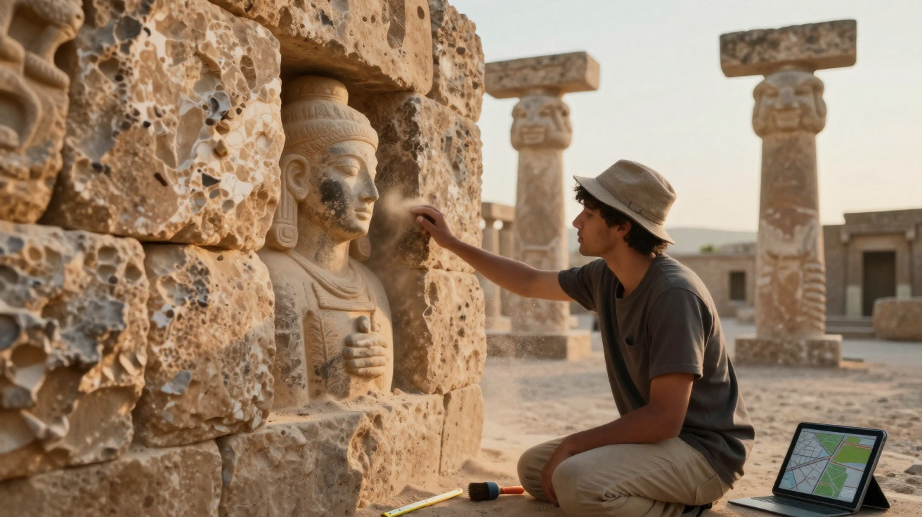 Arqueólogo limpando escultura antiga em sítio arqueológico ao ar livre com laptop ao lado.