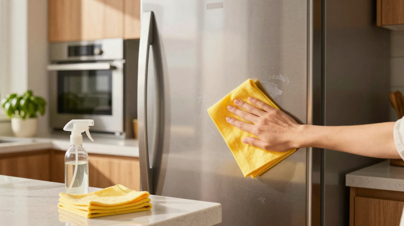 Pessoa limpando geladeira inox com pano amarelo em cozinha moderna e organizada.