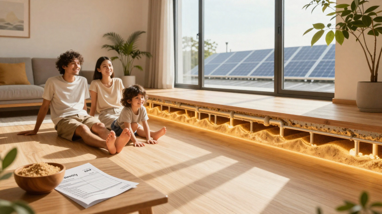 Família sentada em sala iluminada por luz natural com painel solar visível pela janela.