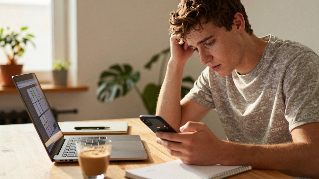 Jovem com expressão preocupada olhando para celular, sentado à mesa com notebook, caderno e café.