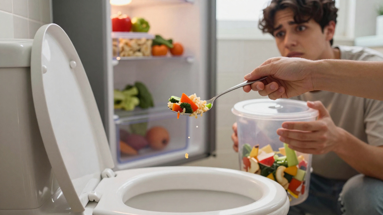Pessoa desprezando comida saudável em uma colher dentro do vaso sanitário com expressão preocupada.
