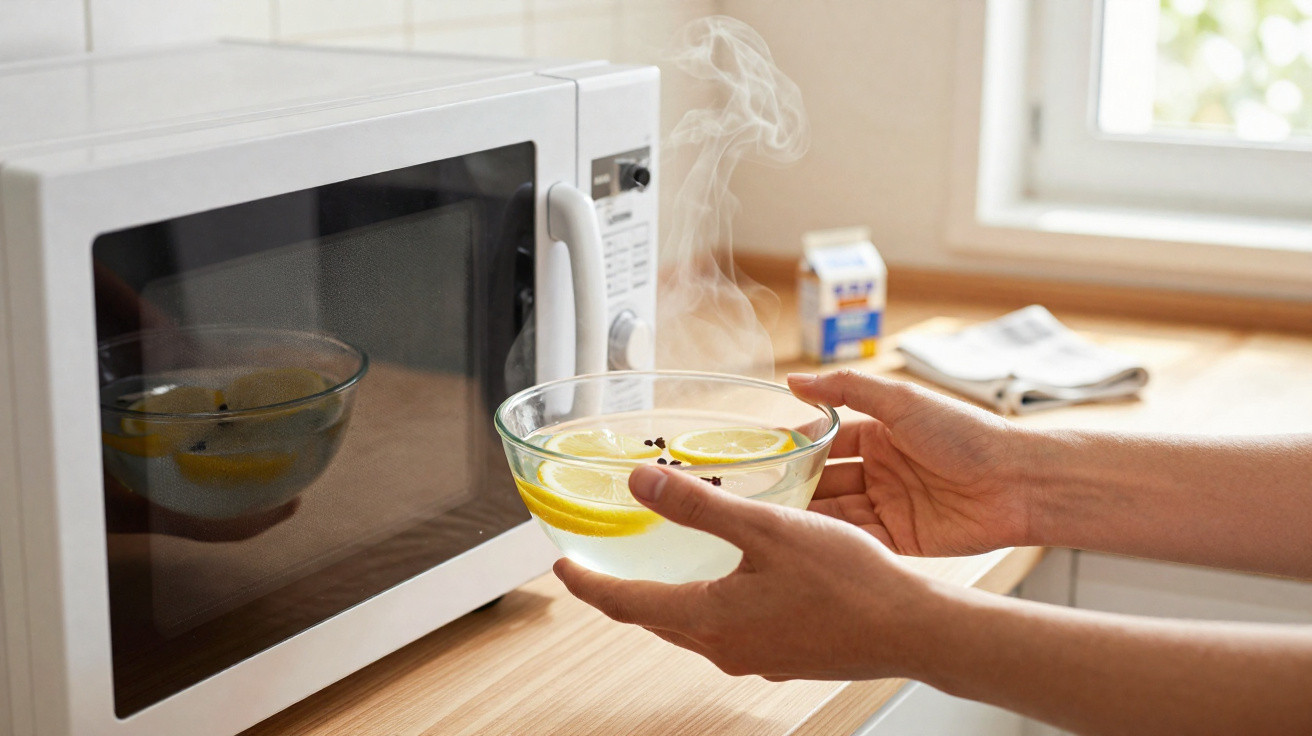 Mãos segurando tigela de vidro com água quente, limão e especiarias perto de micro-ondas na cozinha.