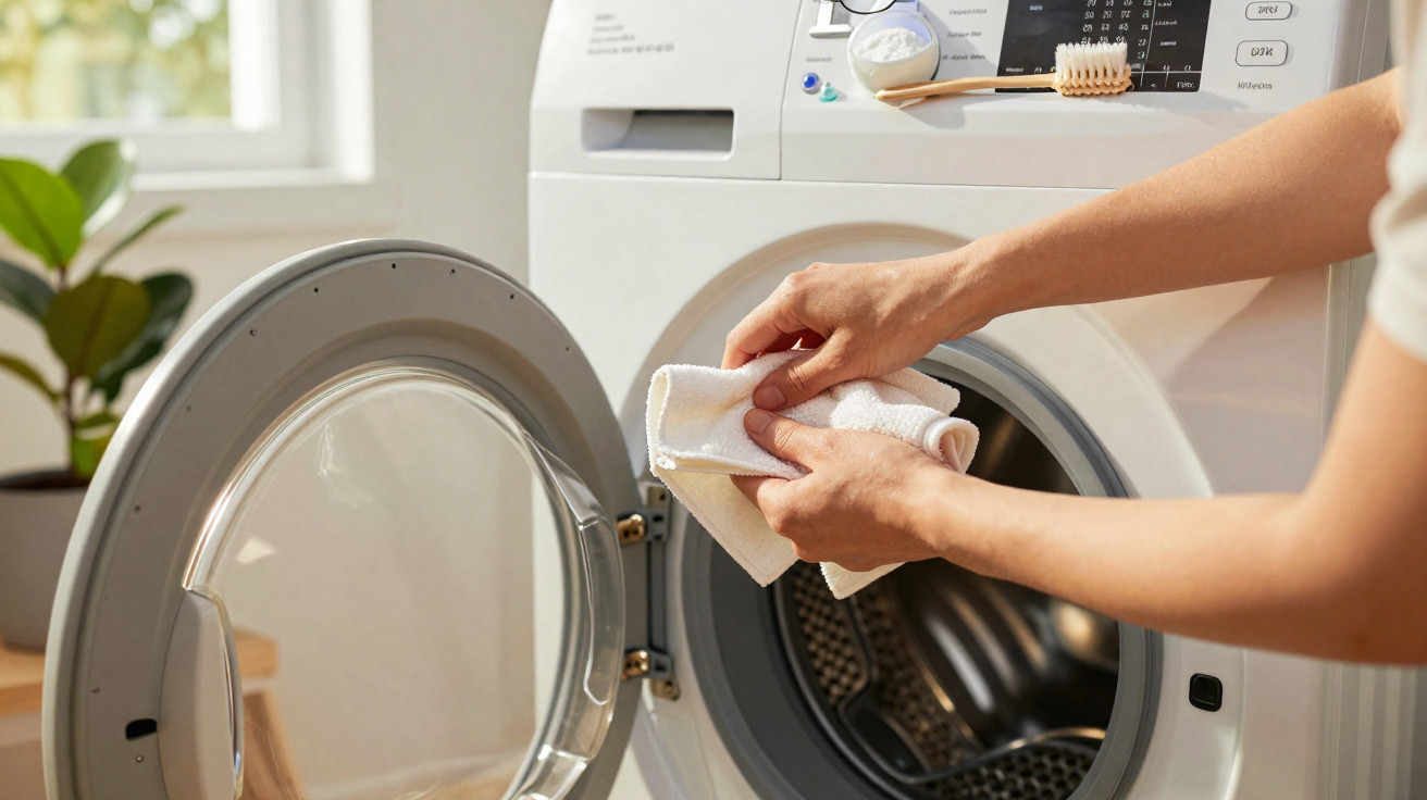 Pessoa colocando toalha branca em máquina de lavar roupa branca com porta aberta em ambiente claro