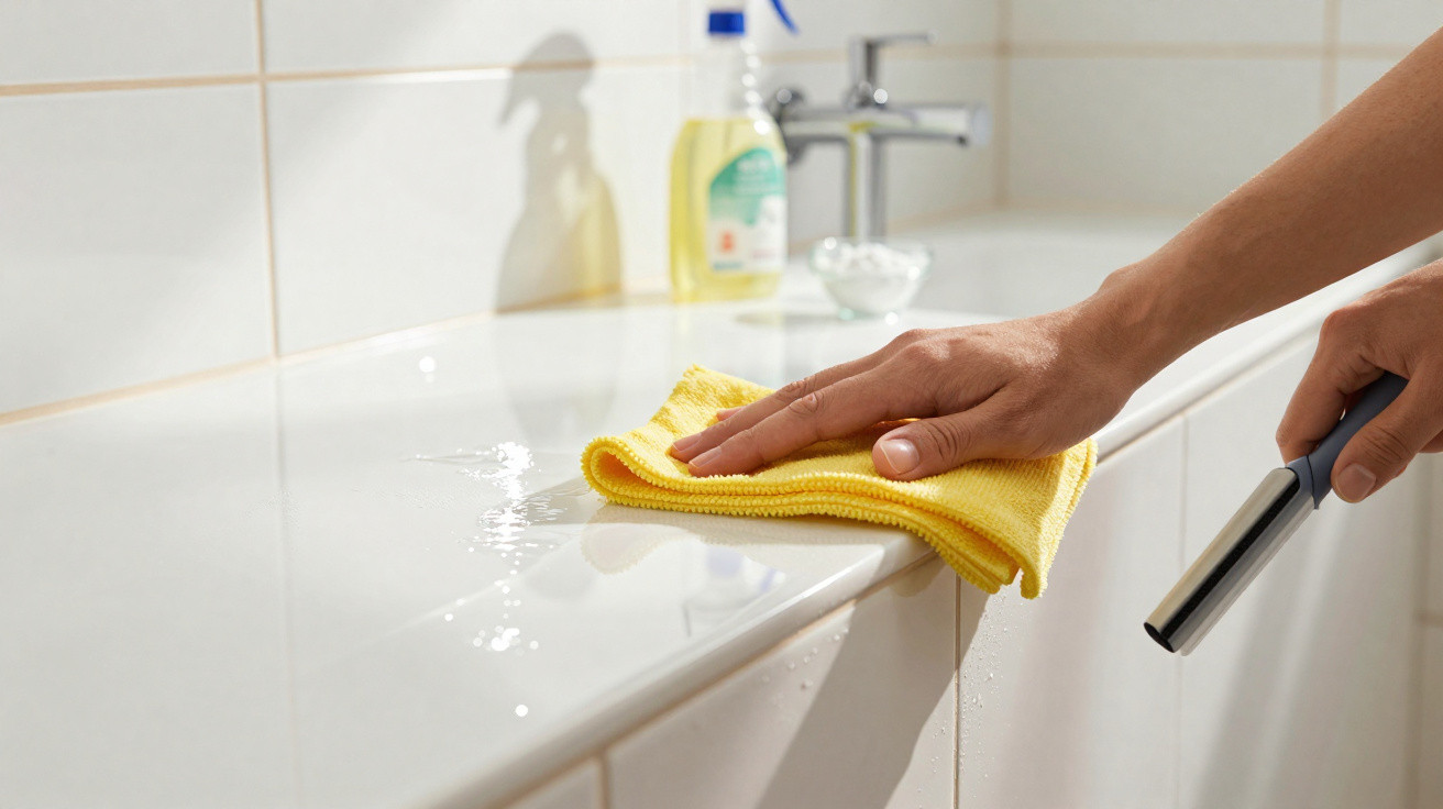 Pessoa limpando a borda de uma banheira branca com pano amarelo e rodo de borracha.