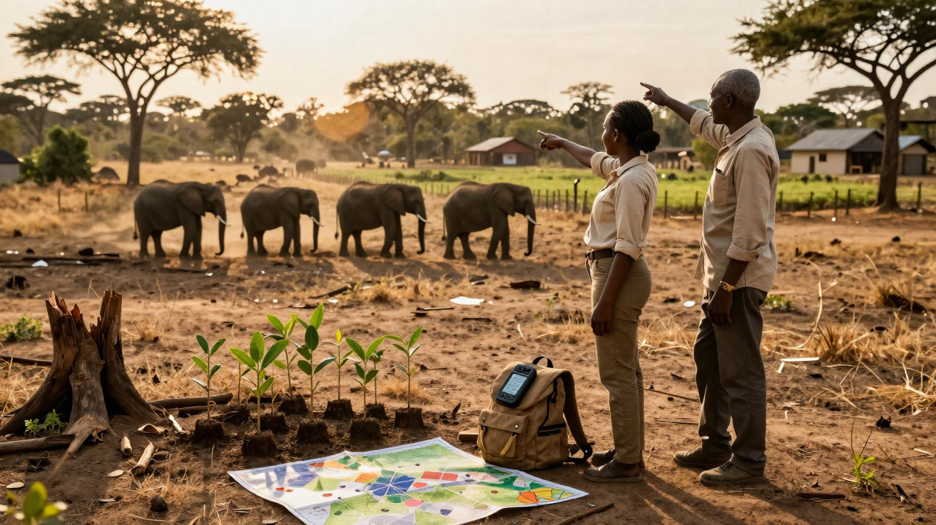 Duas pessoas apontam quatro elefantes em fila em área rural com mapa e mudas no chão ao pôr do sol.