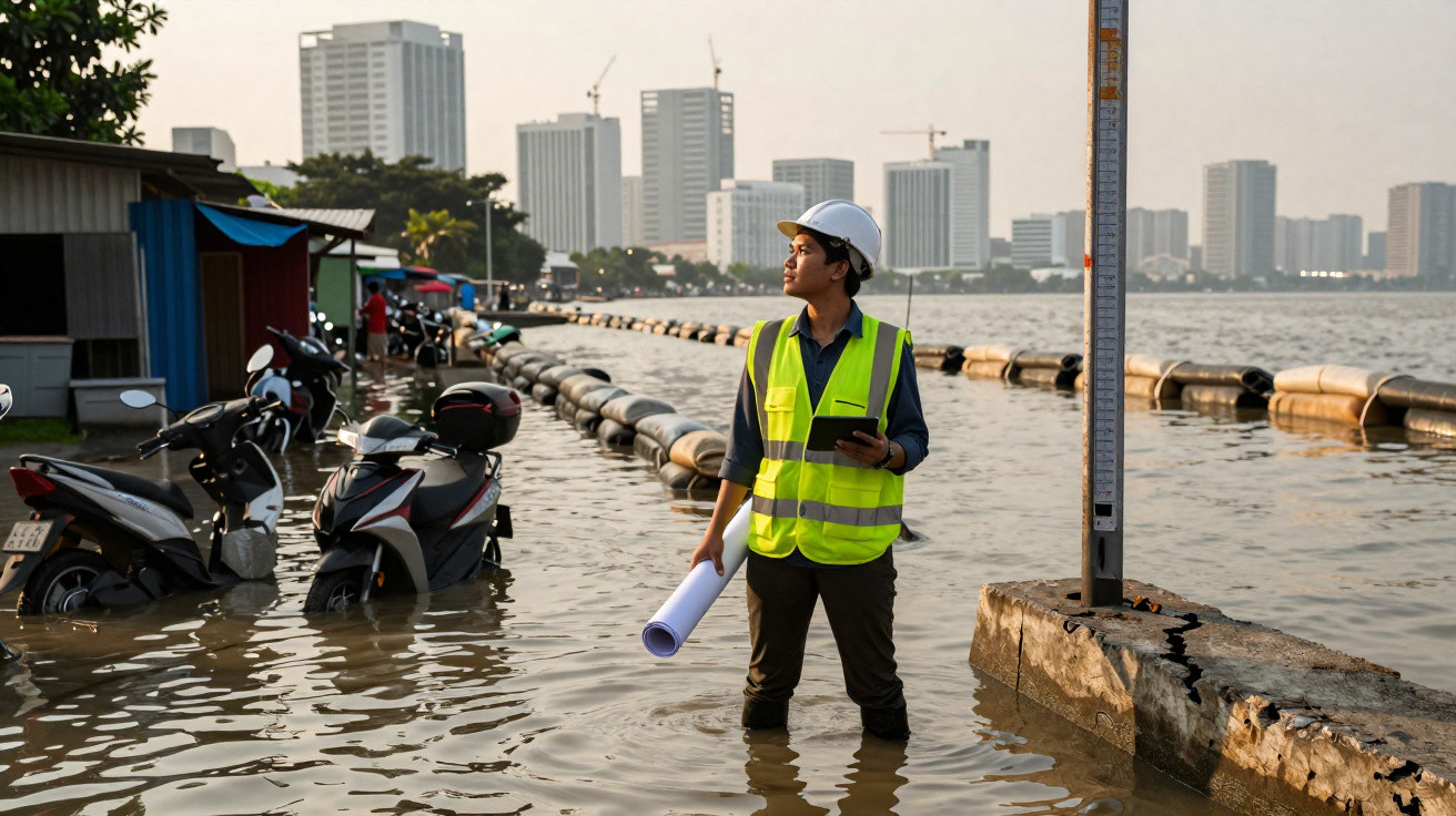 Engenheira com capacete e colete refletivo em área alagada, com motos e prédios ao fundo.
