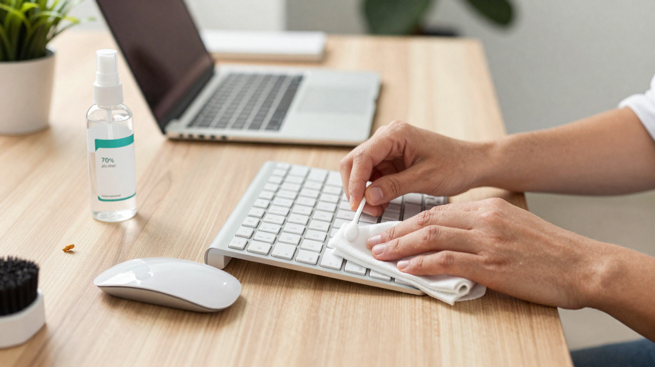 Mãos limpando teclado branco com pano e cotonete na mesa com notebook, mouse e álcool em gel.